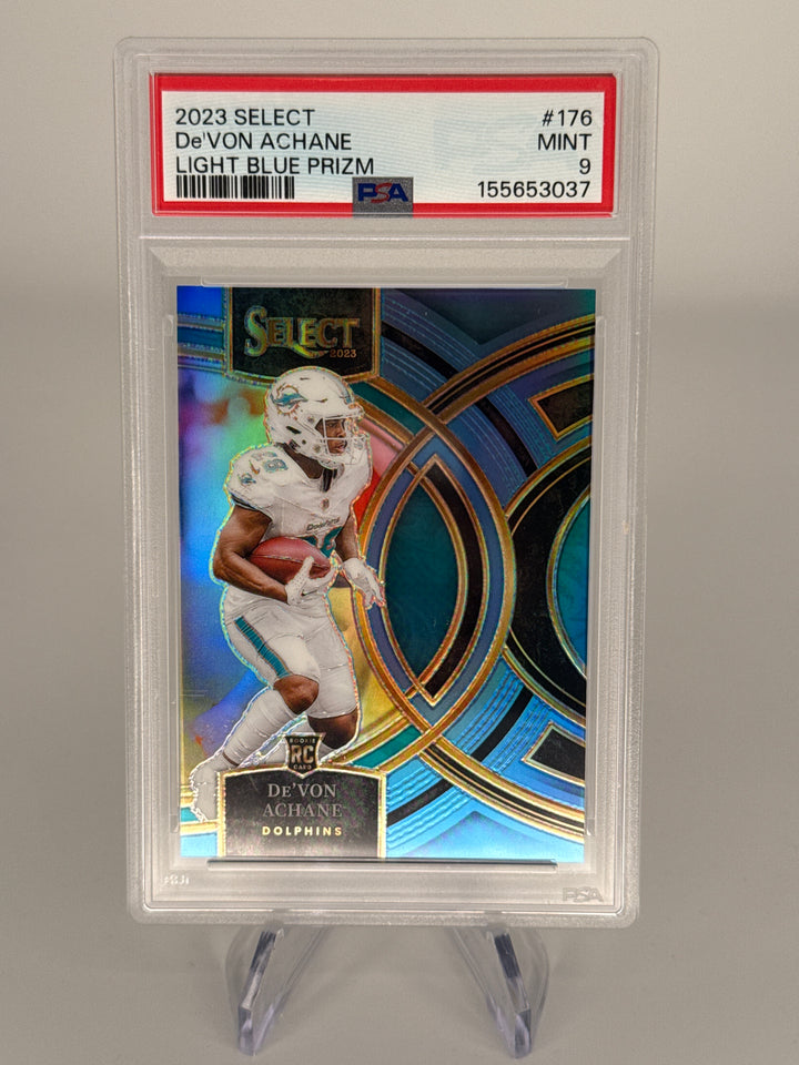 De'von Achane 2023 Panini Select Light Blue Prizm Rookie, 53/99, PSA 9 Mint