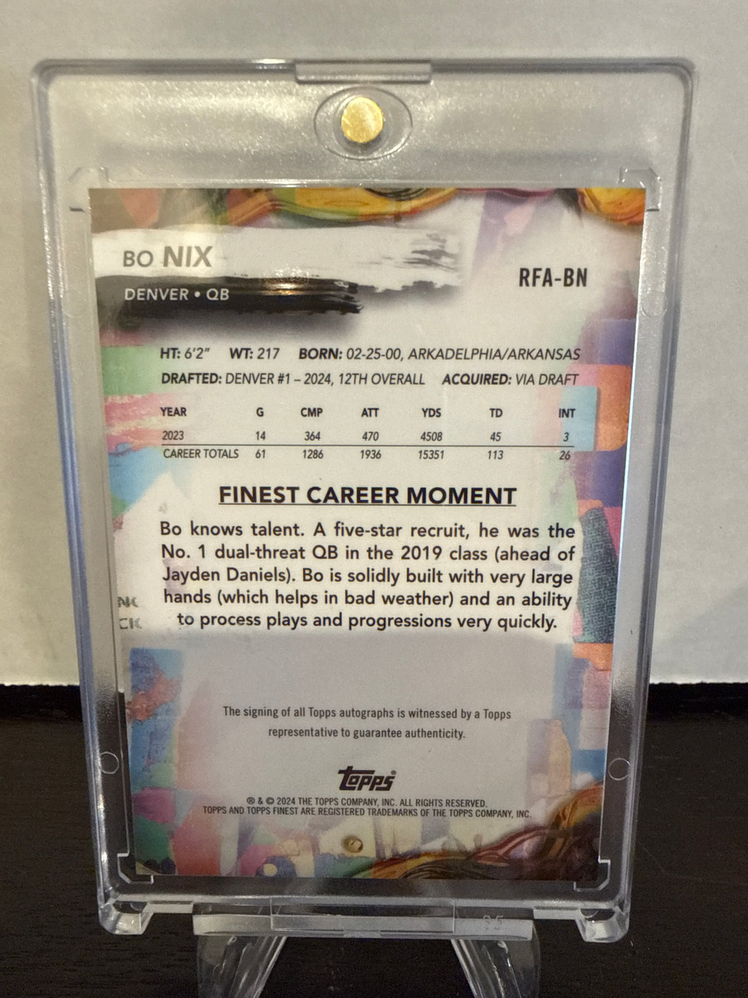Bo Nix 2024 Topps Finest Rookie Auto
