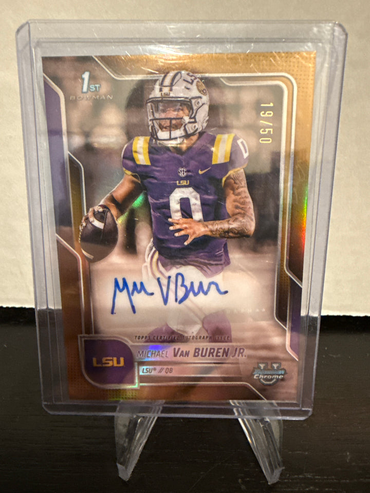 Michael Van Buren Jr 2025 Bowman University Chrome 1st Prospect Gold Refractor Auto, 19/50