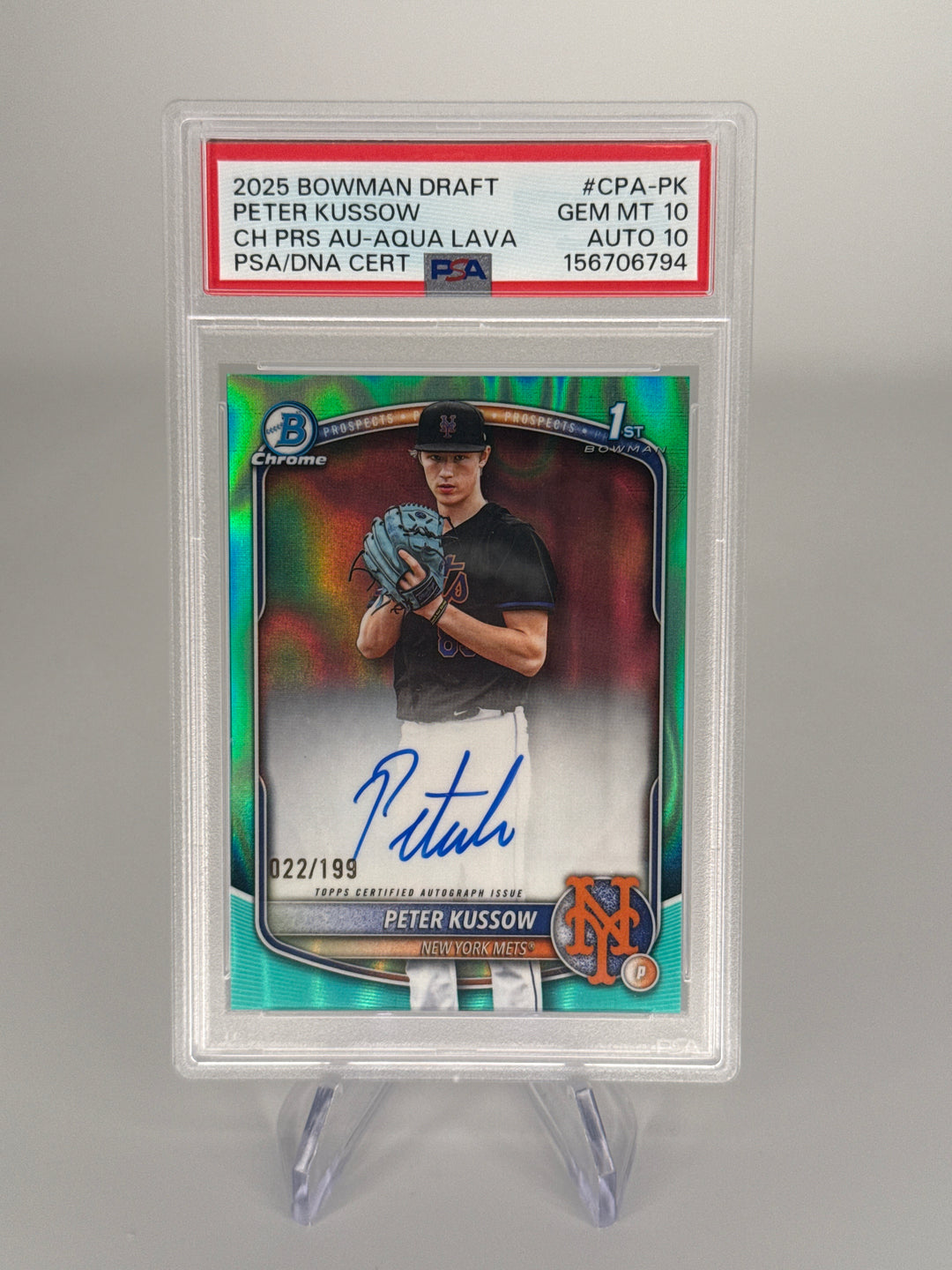 Peter Kussow 2025 Bowman Chrome Aqua Lava Refractor 1st Auto, 022/199, PSA 10 Gem Mint, PSA 10 Auto