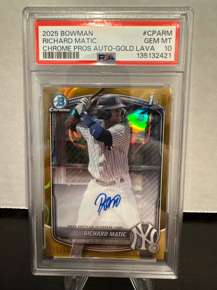 Richard Matic 2025 Bowman Chrome 1st Bowman Auto Gold Lava, 15/50, PSA 10 Gem Mint