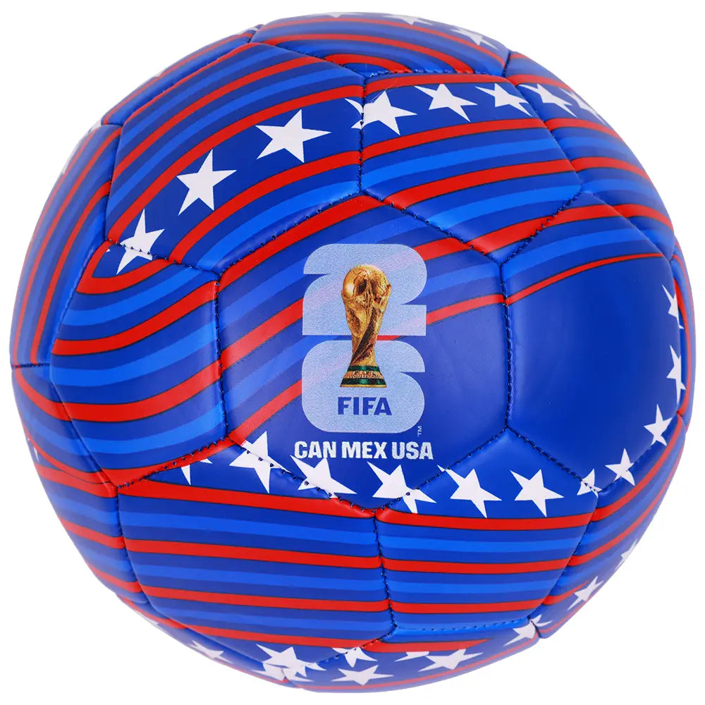 Soccer ball with blue, red, and white design featuring stars and the FIFA World Cup logo.