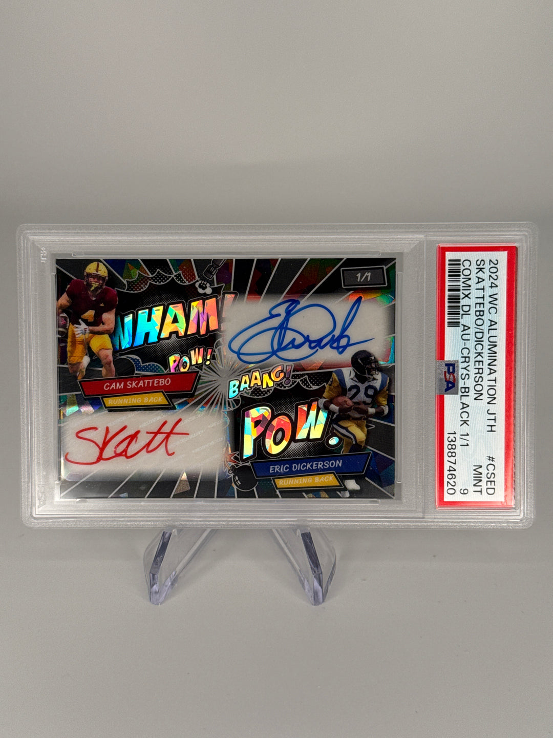 Cam Skattebo/Eric Dickerson 2024 Wild Card Alumination Black Crystal 1/1 Dual Auto, PSA 9 Mint