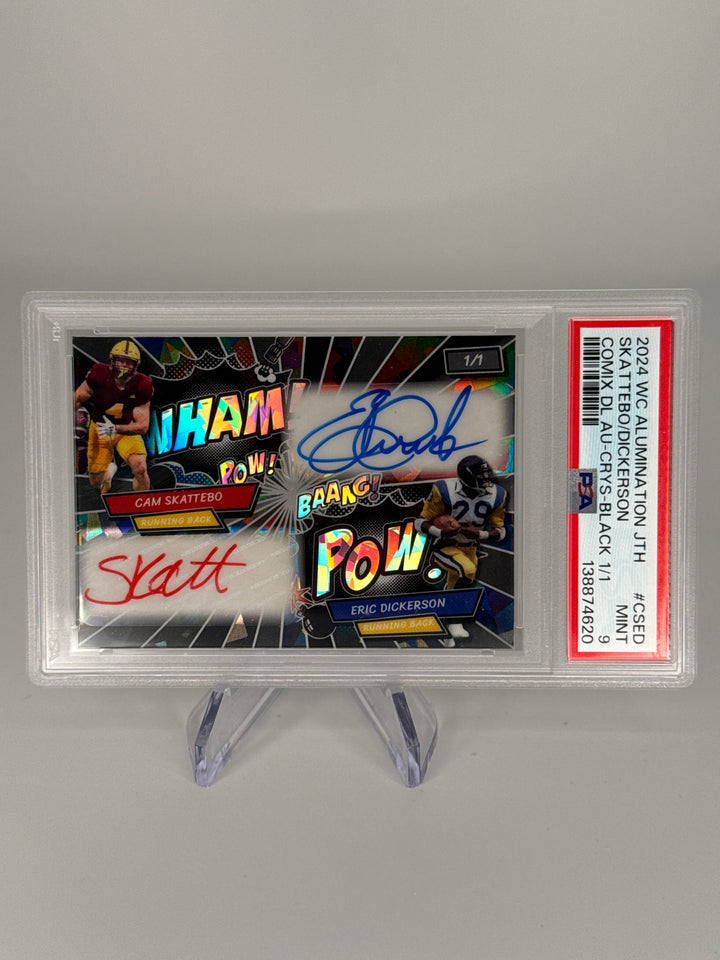 Cam Skattebo/Eric Dickerson 2024 Wild Card Alumination Black Crystal 1/1 Dual Auto, PSA 9 Mint