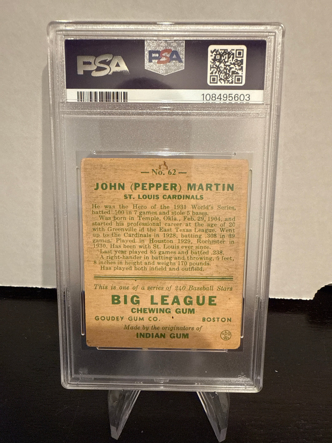 Pepper Martin 1933 Goudey Rookie, PSA 2.5