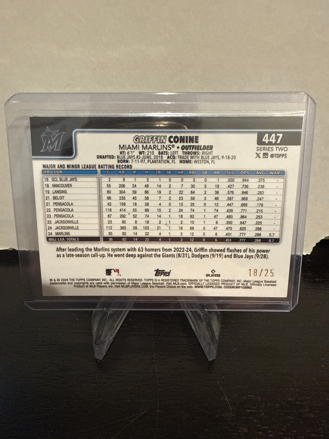 Griffin Conine 2025 Topps Series Two Wood Rookie, 18/25
