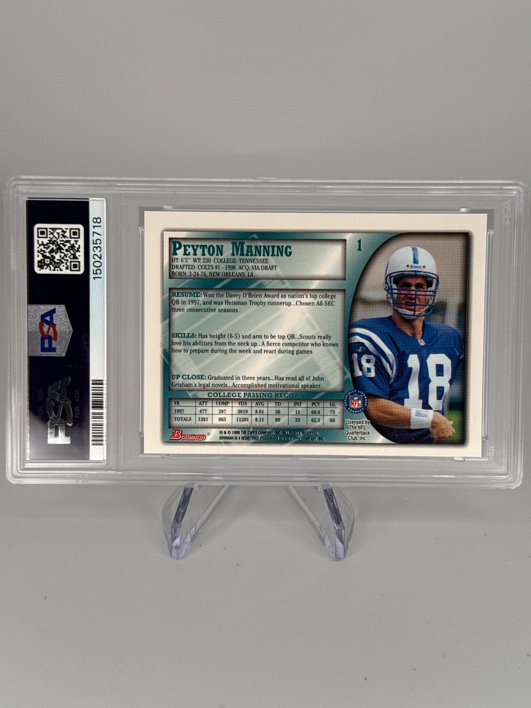 Peyton Manning 1998 Bowman Rookie, PSA 9 Mint