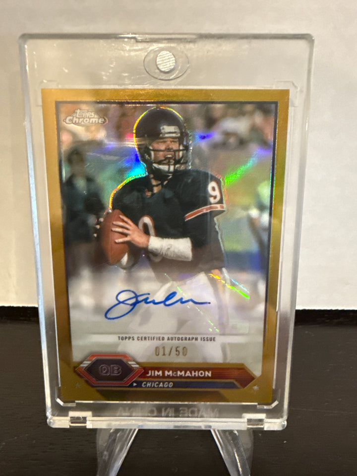 Jim McMahon 2025 Topps Chrome Gold Auto, 01/50