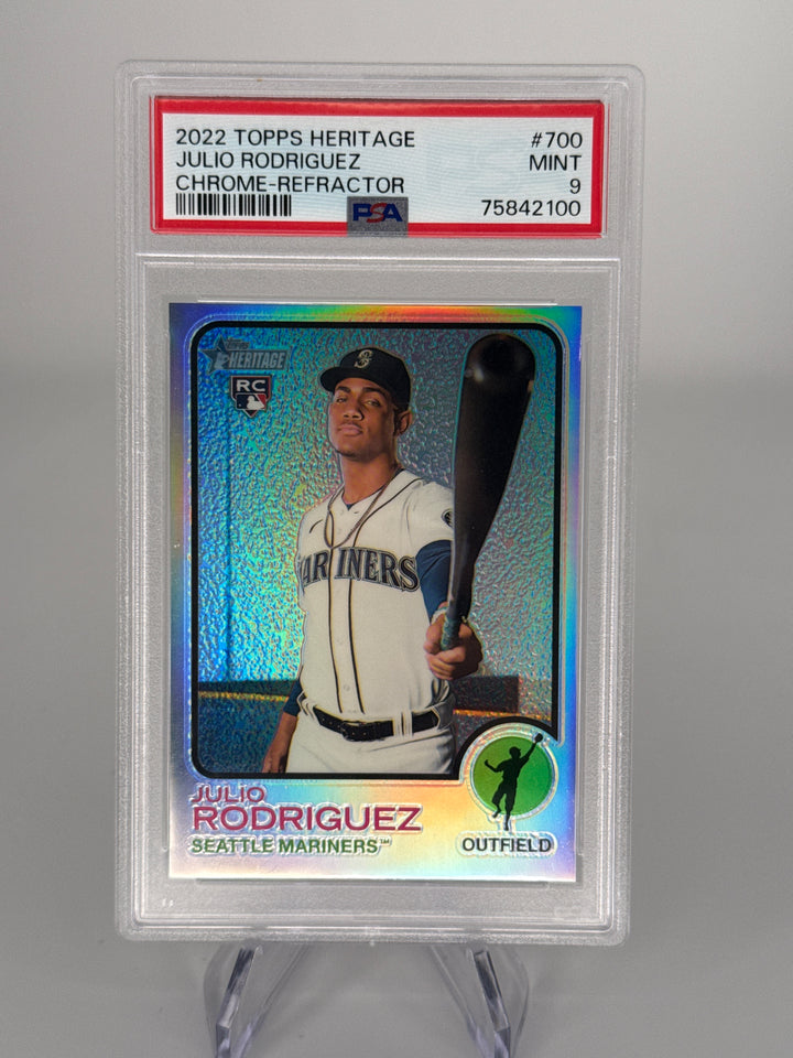 Julio Rodriguez 2022 Topps Heritage Chrome Refractor Rookie, 512/673, PSA 9 Mint