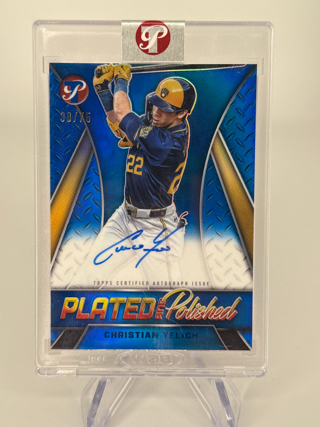 Christian Yelich 2025 Topps Pristine Plated & Polished Blue Auto, 38/75