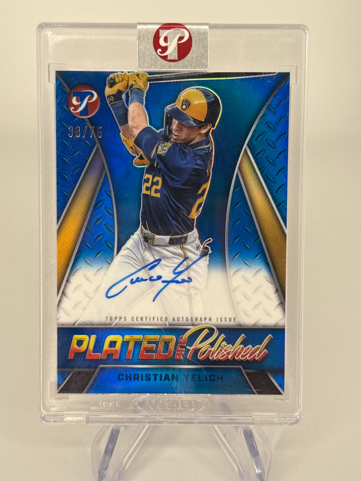 Christian Yelich 2025 Topps Pristine Plated & Polished Blue Auto, 38/75