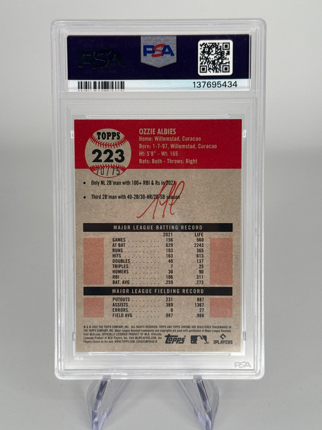 Ozzie Albies 2022 Topps Chrome Platinum Anniversary Rose Gold Refractor, 70/75, PSA 10 Gem Mint