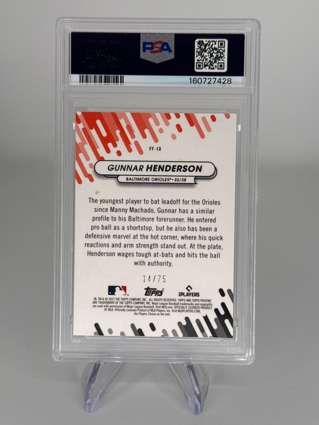 Gunnar Henderson 2023 Topps Pristine Fresh Faces Blue Rookie, 14/75, PSA 10 Gem Mint