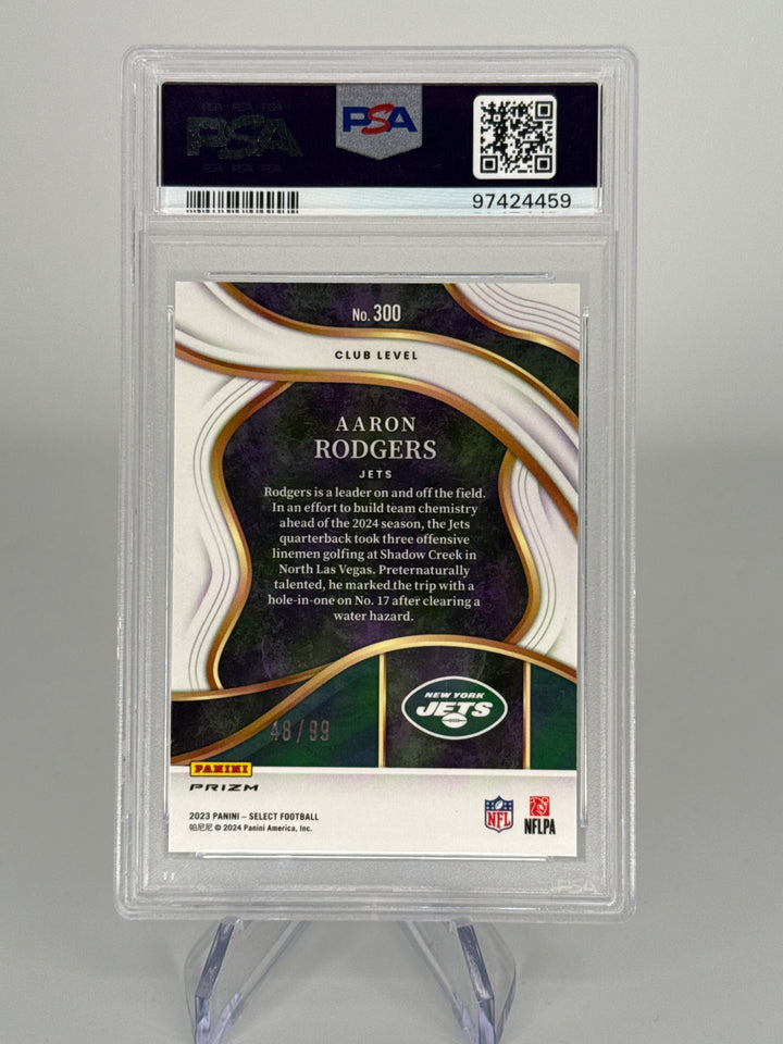 Aaron Rodgers 2023 Panini Select Blue Prizm, 48/99, PSA 10 Gem Mint