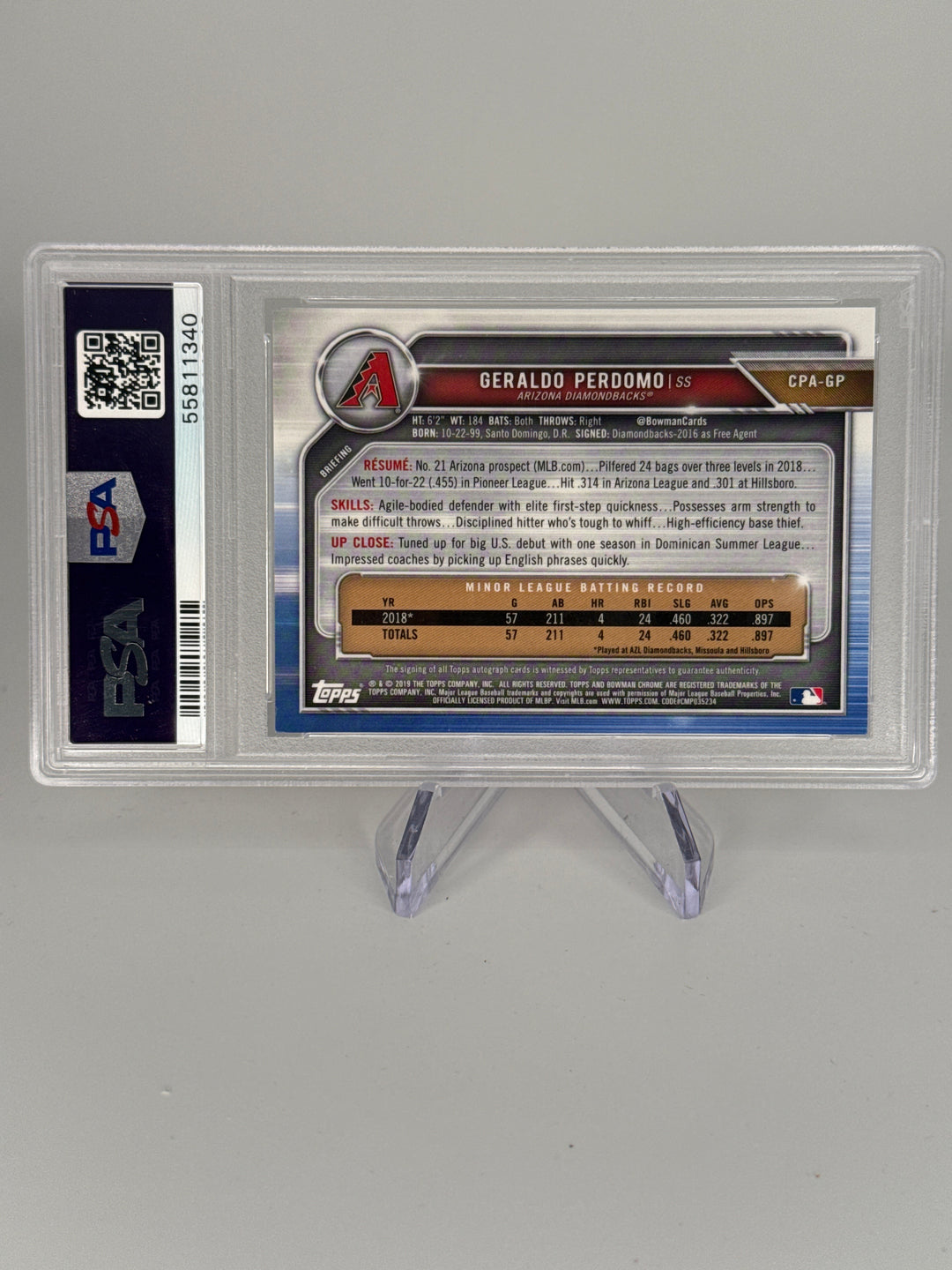 Geraldo Perdomo 2019 Bowman Chrome 1st Prospect Auto, PSA 9 Mint