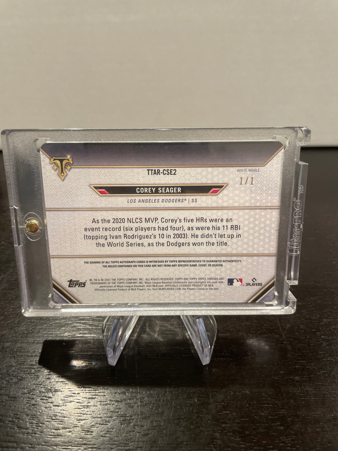 Corey Seager 2021 Topps Triple Threads White Whale Triple Patch Auto 1/1 Printing Plate