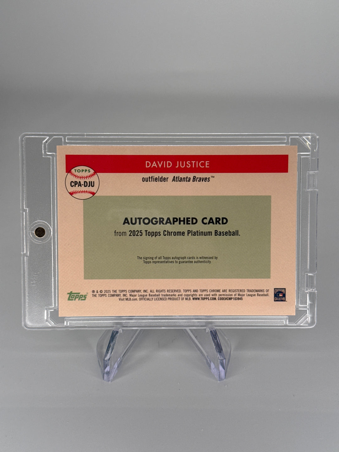 David Justice 2025 Topps Chrome Platinum Green Mini Diamond Refractor Auto, 67/75