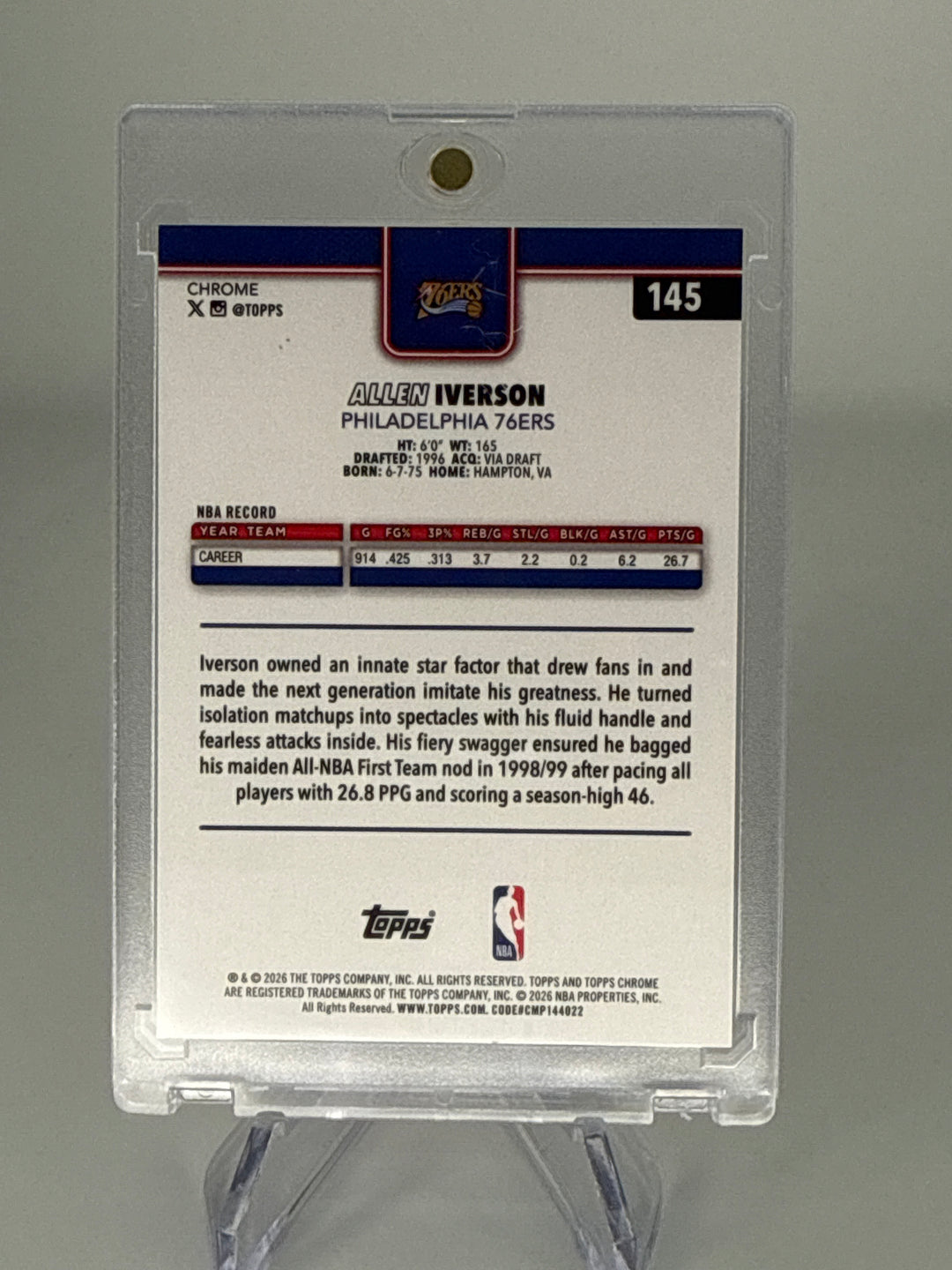 Allen Iverson 2025 Topps Chrome Update True Orange Refractor, 16/25