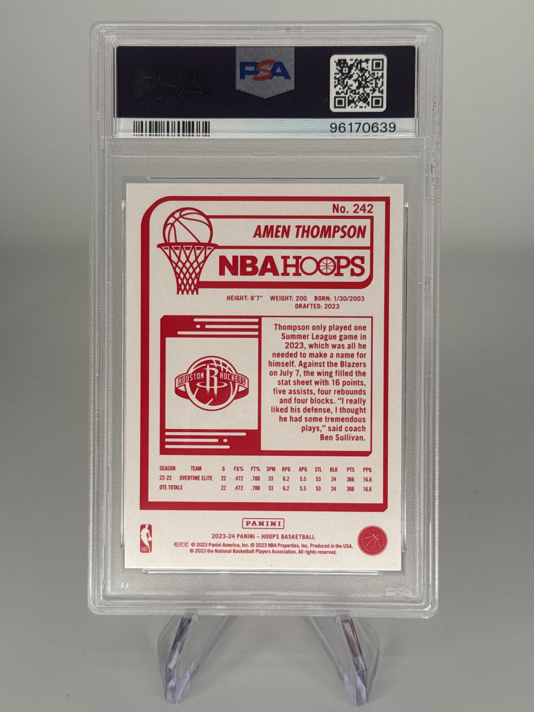 Amen Thompson 2023 Panini NBA Hoops Red Backs Rookie, PSA 10 Gem Mint