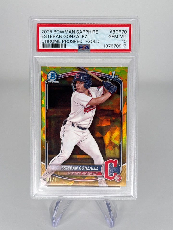 Esteban Gonzalez 2025 Bowman Chrome Sapphire 1st Gold Refractor, 01/50, PSA 10 Gem Mint