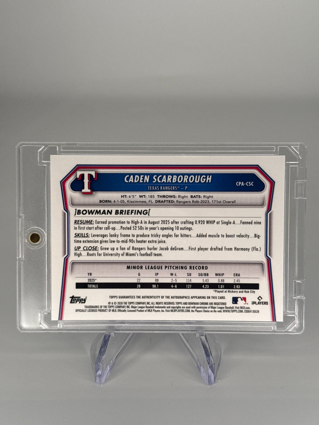 Caden Scarborough 2026 Bowman Chrome Blue Xfractor 1st Auto, 119/150