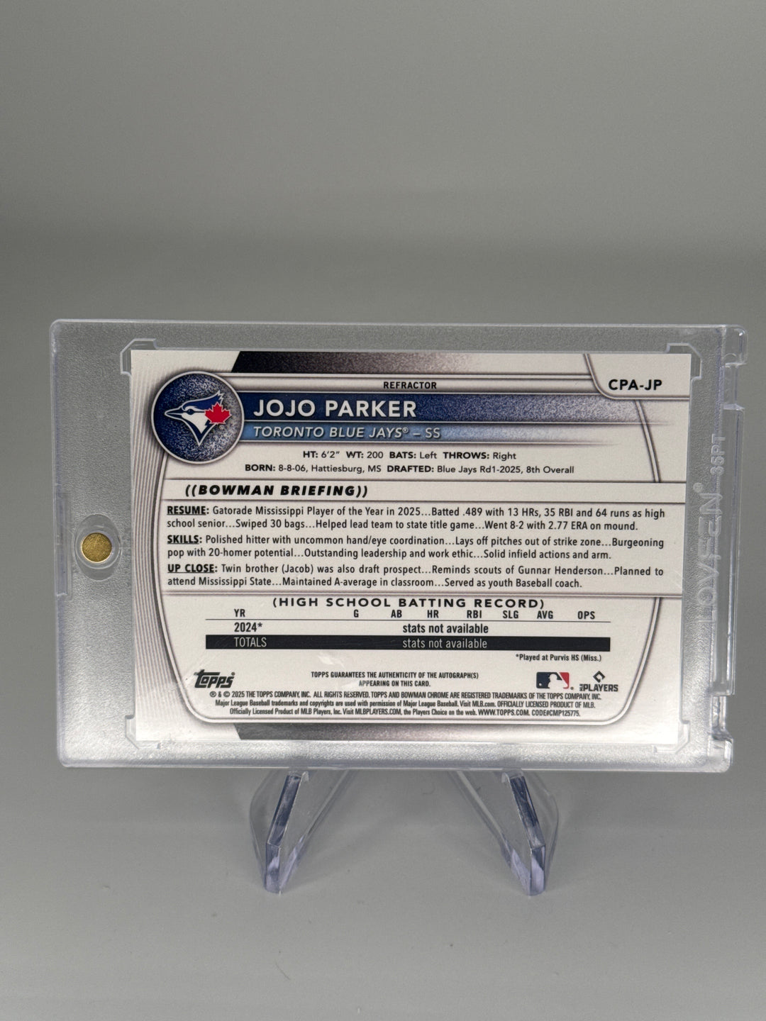 Jojo Parker 2025 Bowman Chrome 1st Refactor Auto, 123/499