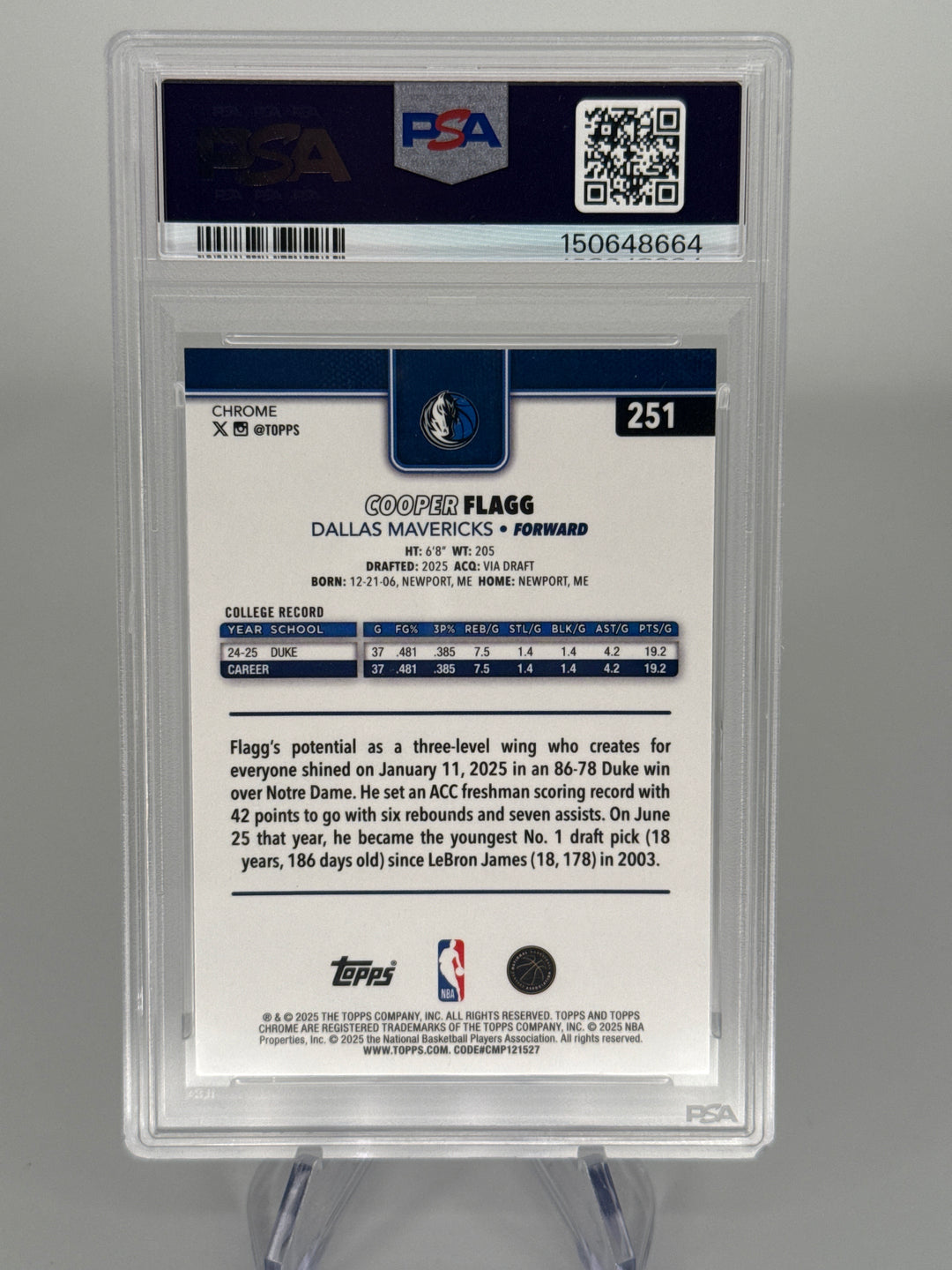 Cooper Flagg 2025 Topps Basketball Basketball Refractor Rookie, PSA 9 Mint