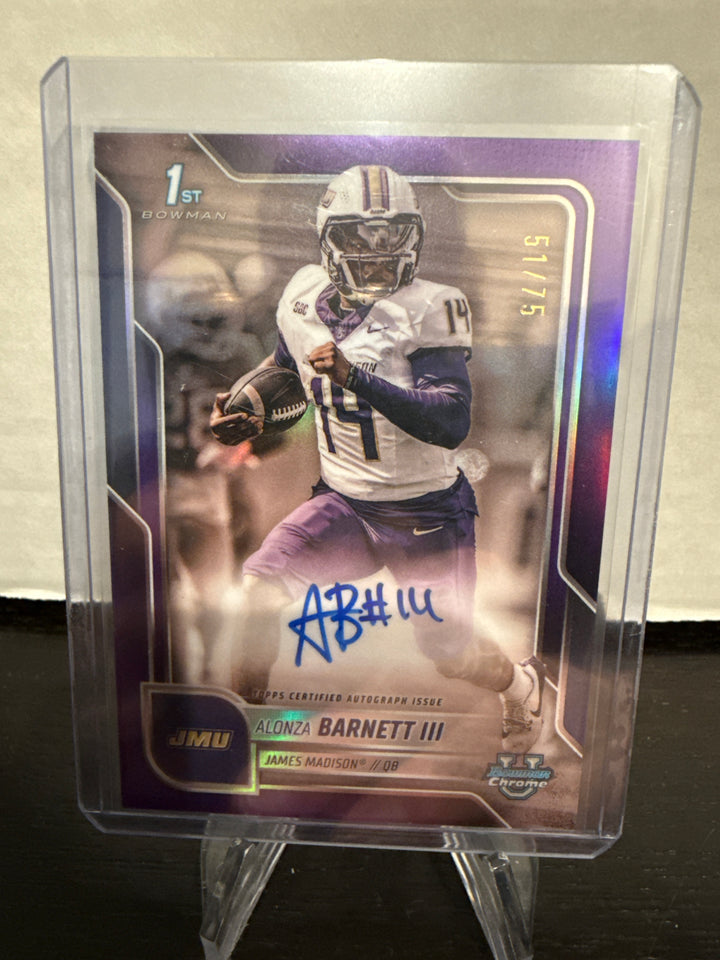 Alonza Barnett 2025 Bowman University Chrome 1st Prospect Purple Refractor Auto, 51/75