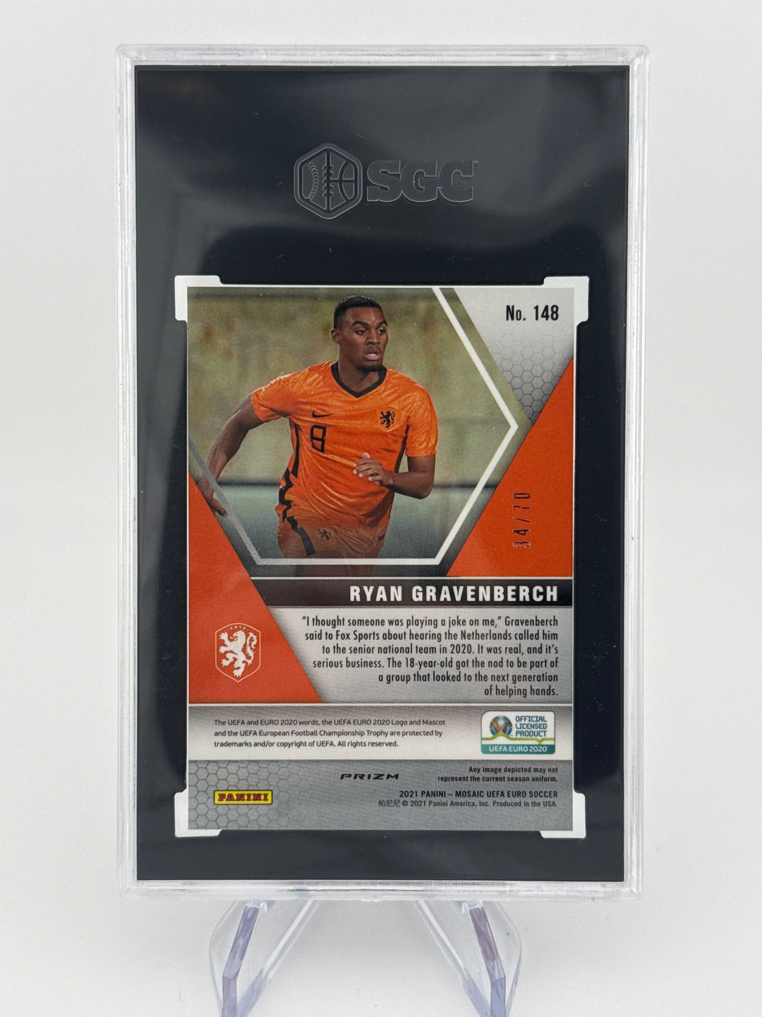 Ryan Gravenberch 2021 Panini Mosaic UEFA Euro Purple Fluorescent Prizm Rookie, 34/70, SGC 10 Gem Mint