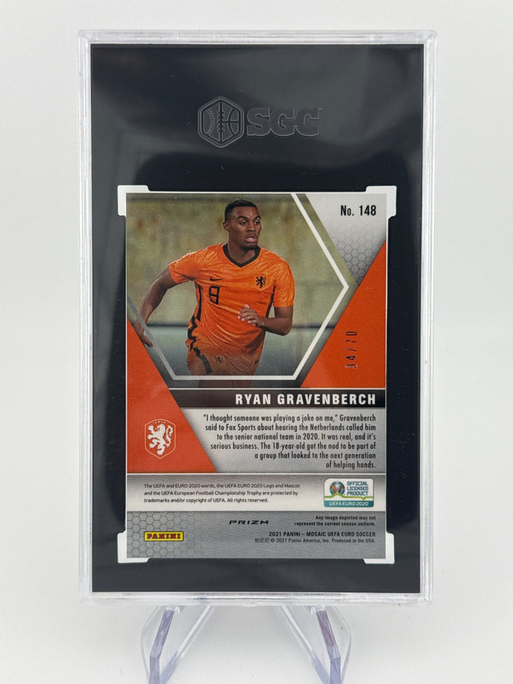 Ryan Gravenberch 2021 Panini Mosaic UEFA Euro Purple Fluorescent Prizm Rookie, 34/70, SGC 10 Gem Mint