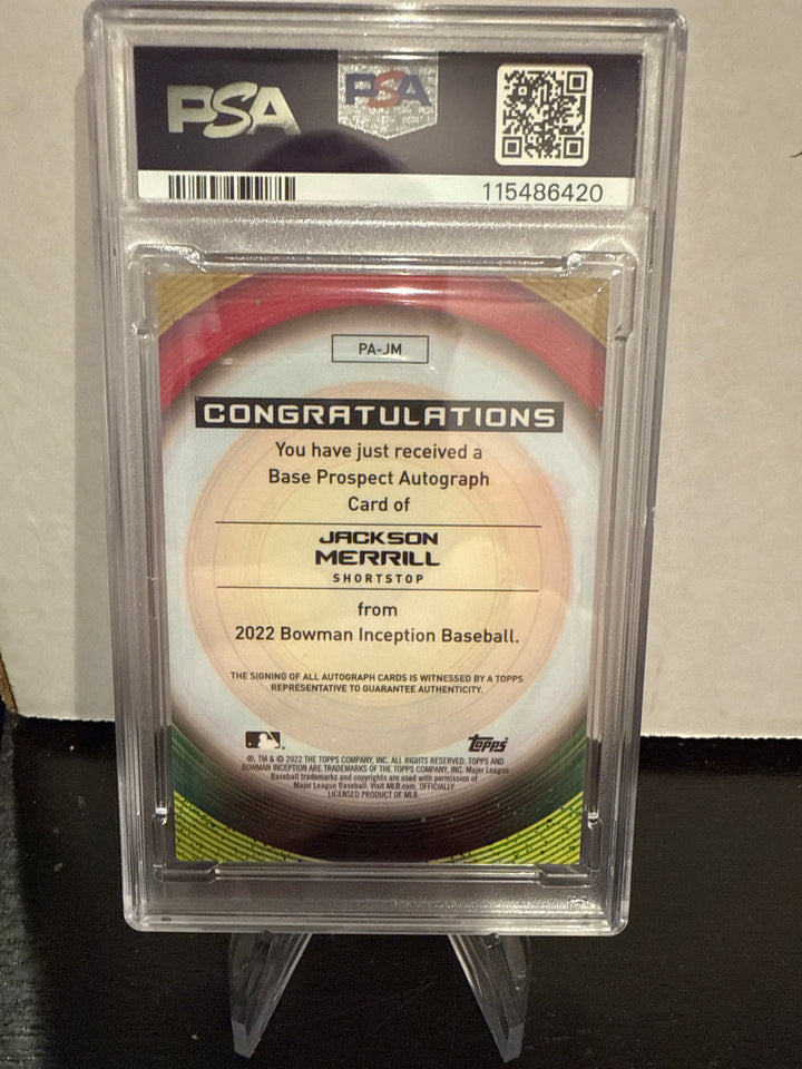 Jackson Merrill 2022 Bowman Inception Prospect Auto, Blue Foil, 53/99, PSA 10 Gem Mint