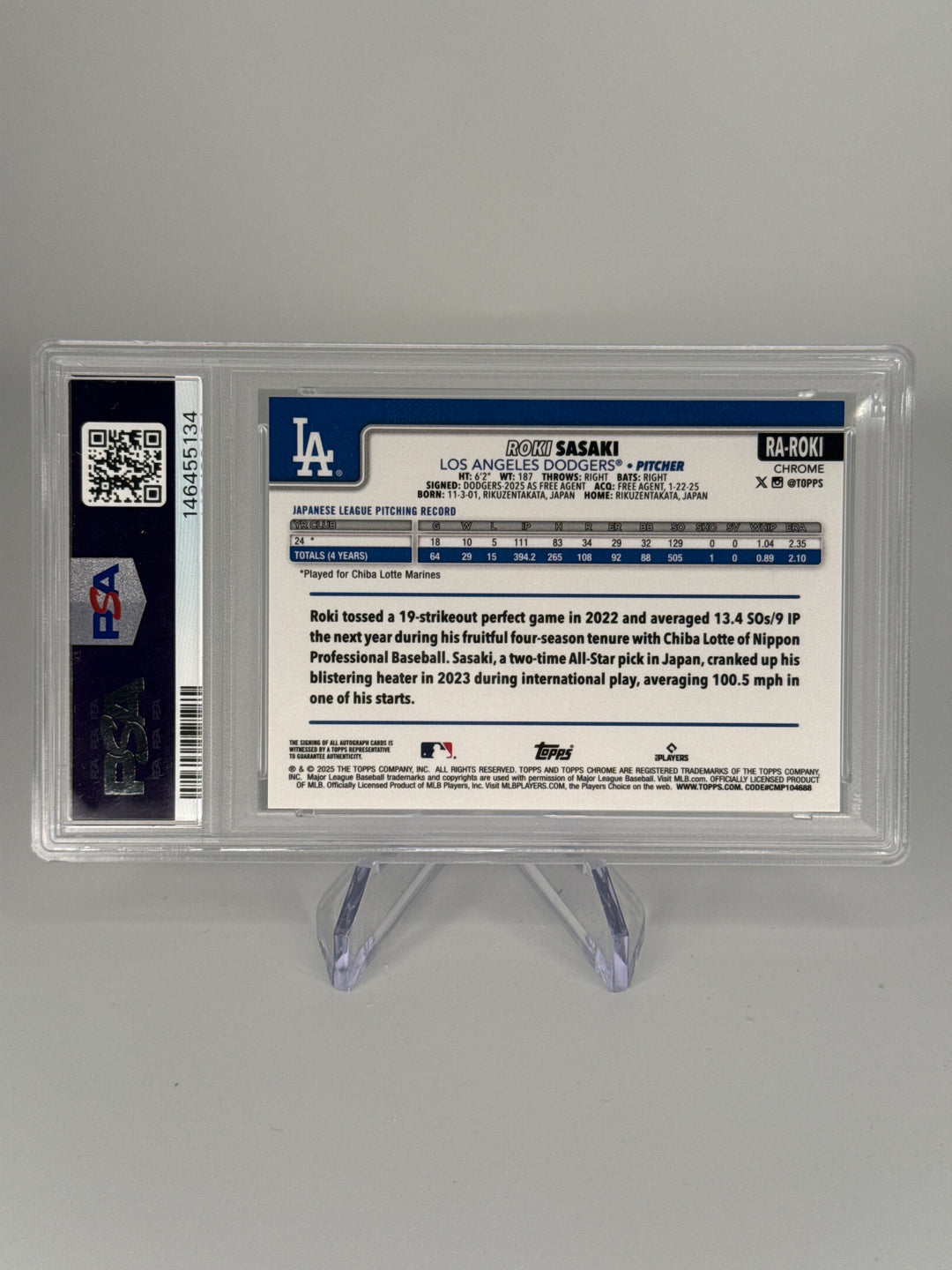 Roki Sasaki 2025 Topps Chrome Rookie Auto Blue Refractor, 065/150, PSA 9 Mint