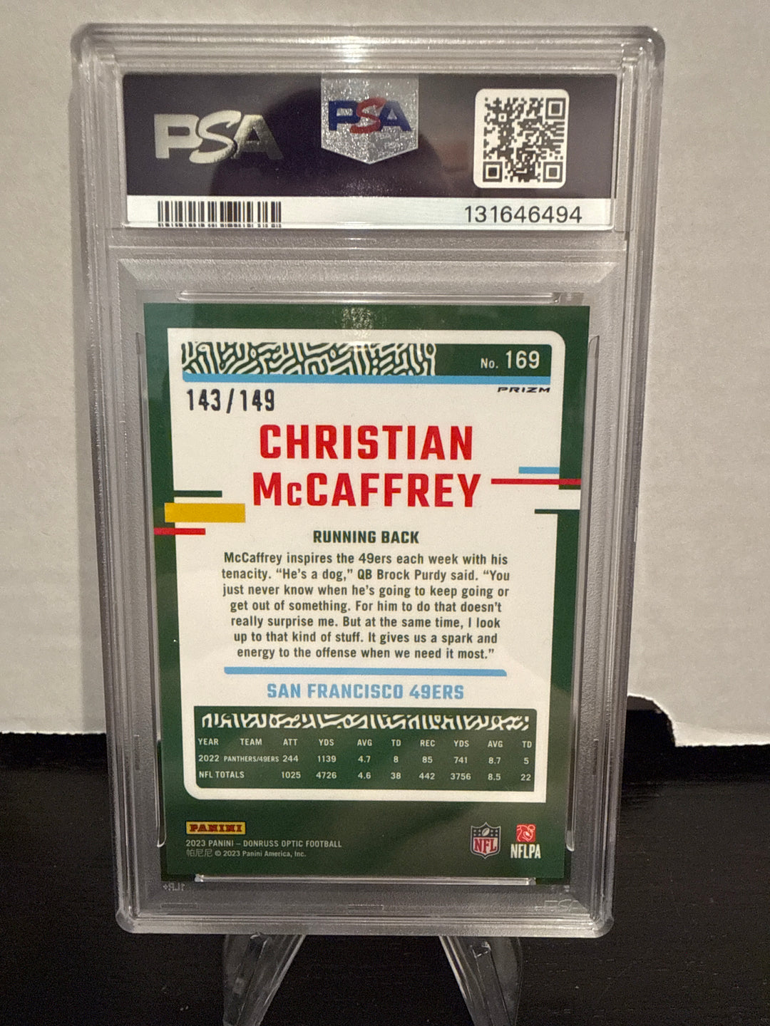Christian McCaffrey 2023 Panini Donruss Optic Flex Emoji, 143/149, PSA 9 Mint