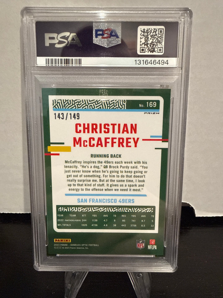 Christian McCaffrey 2023 Panini Donruss Optic Flex Emoji, 143/149, PSA 9 Mint