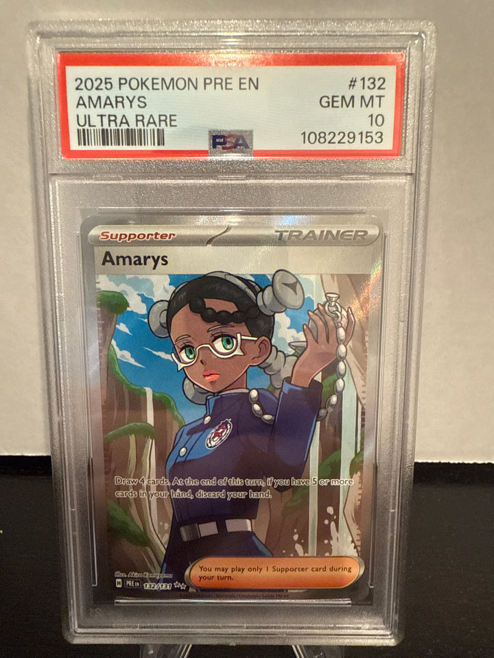 Pokemon TCG 2025 Amarys Prismatic Evolutions Full Art Ultra Rare Trainer, 132/131, PSA 10 Gem Mint