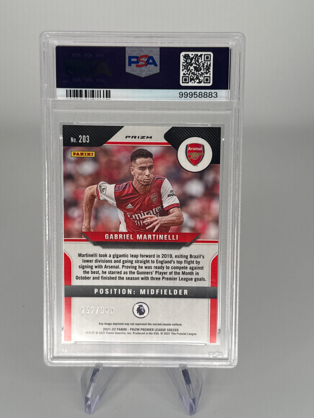 Gabriel Martinelli 2021 Panini Prizm Premier League Blue Prizm Rookie, 157/340, PSA 10 Gem Mint