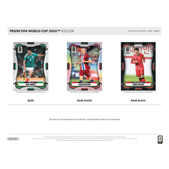 Three soccer trading card packs labeled 'Base', 'Base Silver', and 'Base Black' from the Prizm FIFA World Cup 2026 series.