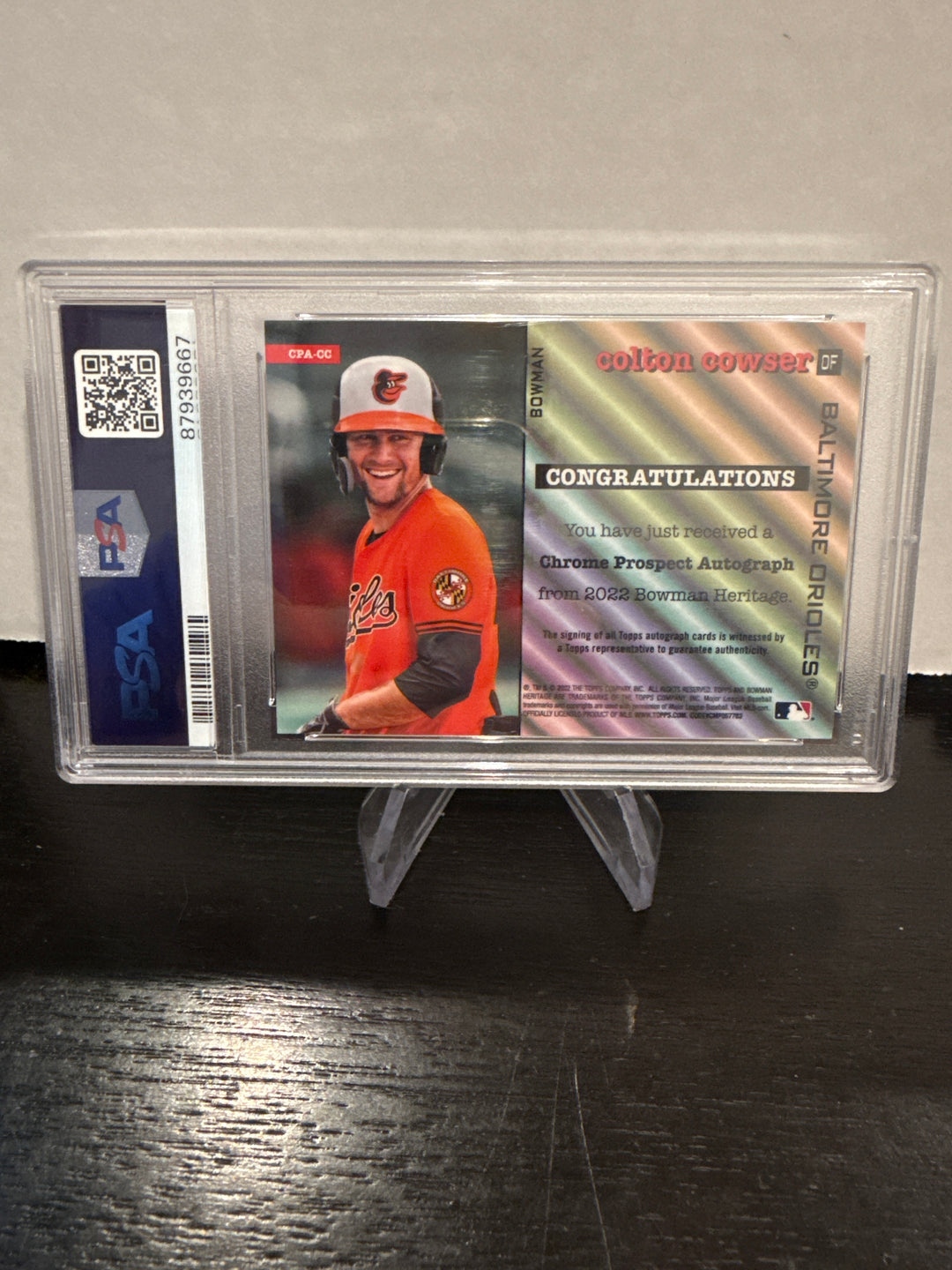 Colton Cowser 2022 Bowman Heritage Chrome Prospect Auto, PSA 10 Gem Mint