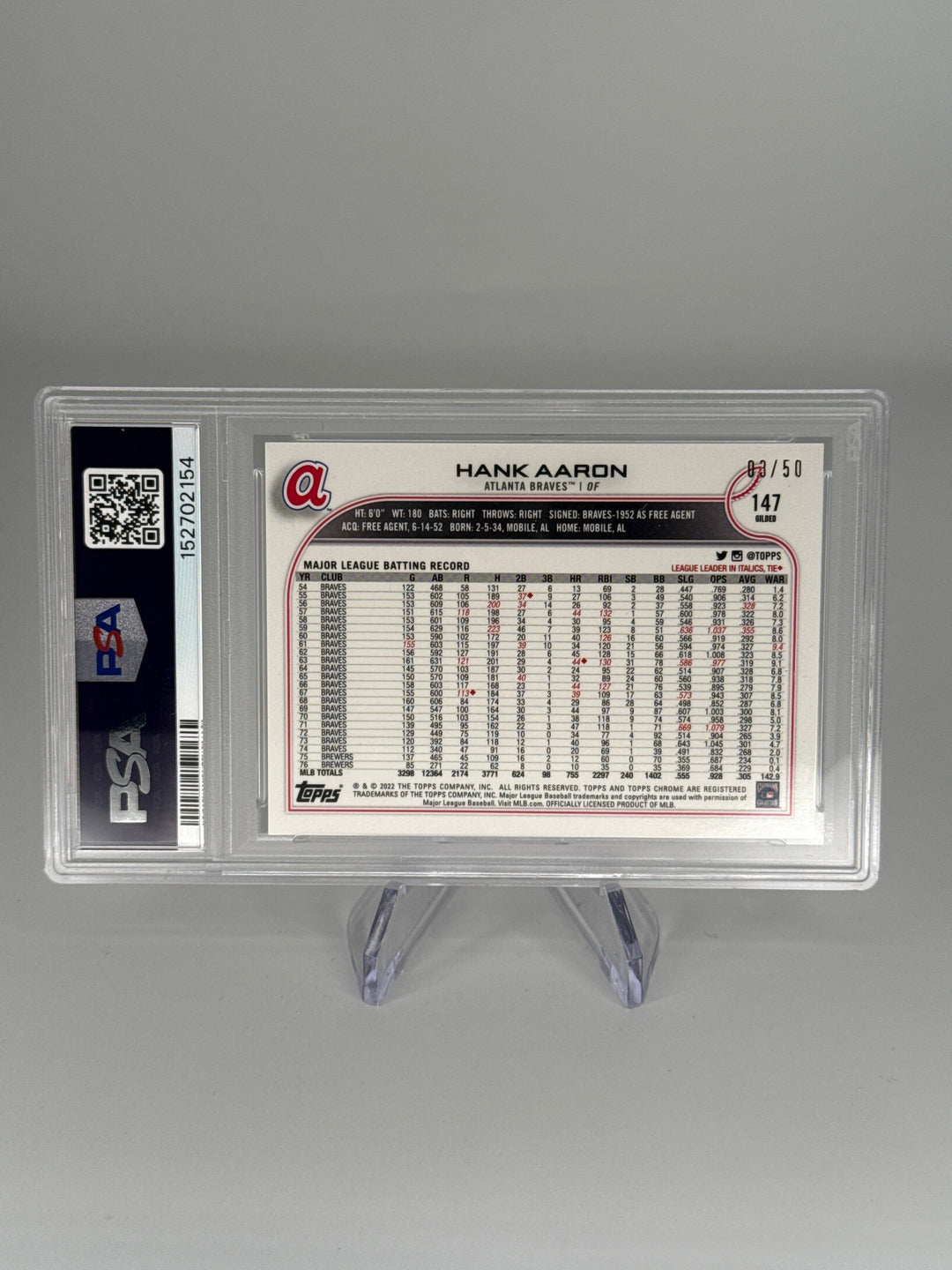 Hank Aaron 2022 Topps Gilded Collection Mini Diamond Gold Etch, 03/50, PSA 10 Gem Mint