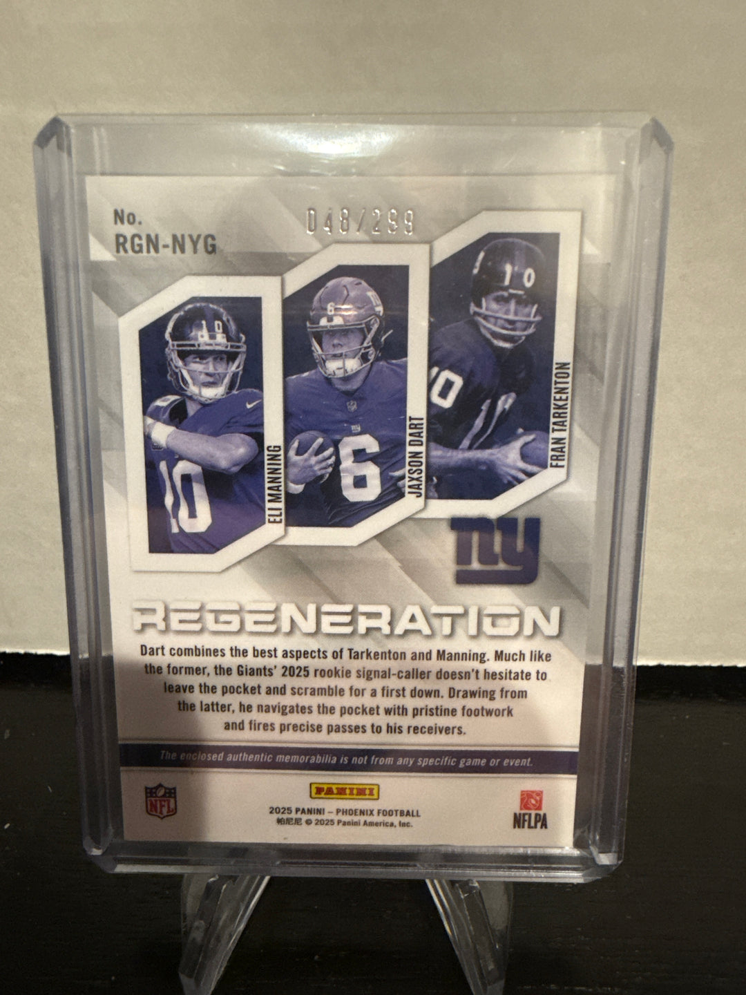 Eli Manning/Jaxson Dart/Fran Tarkenton 2025 Panini Phoenix Regeneration Triple Relic, 048/299