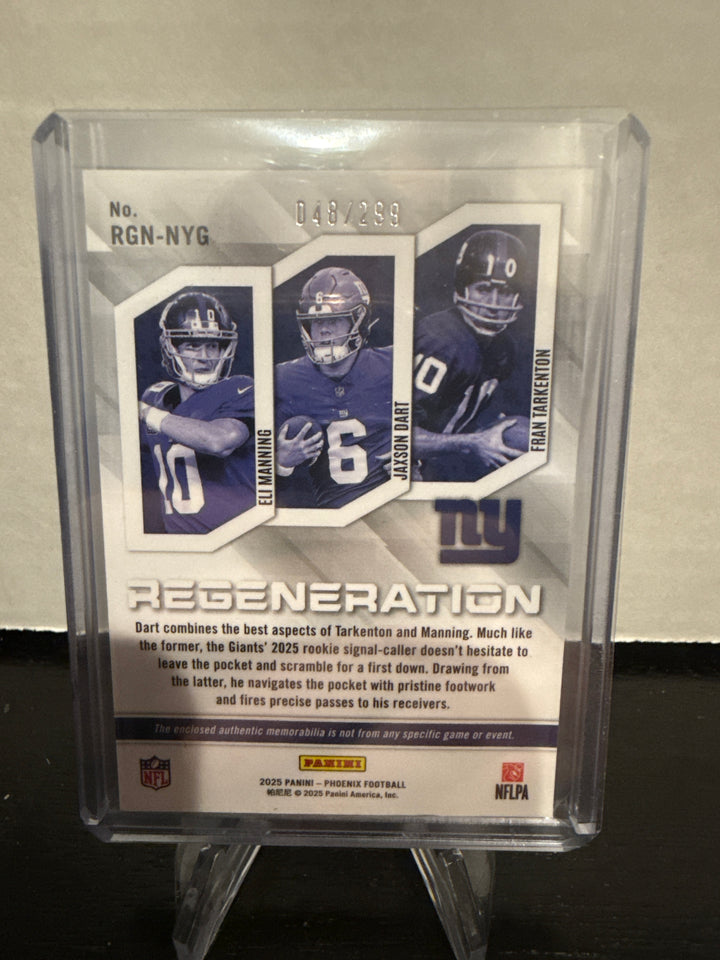 Eli Manning/Jaxson Dart/Fran Tarkenton 2025 Panini Phoenix Regeneration Triple Relic, 048/299