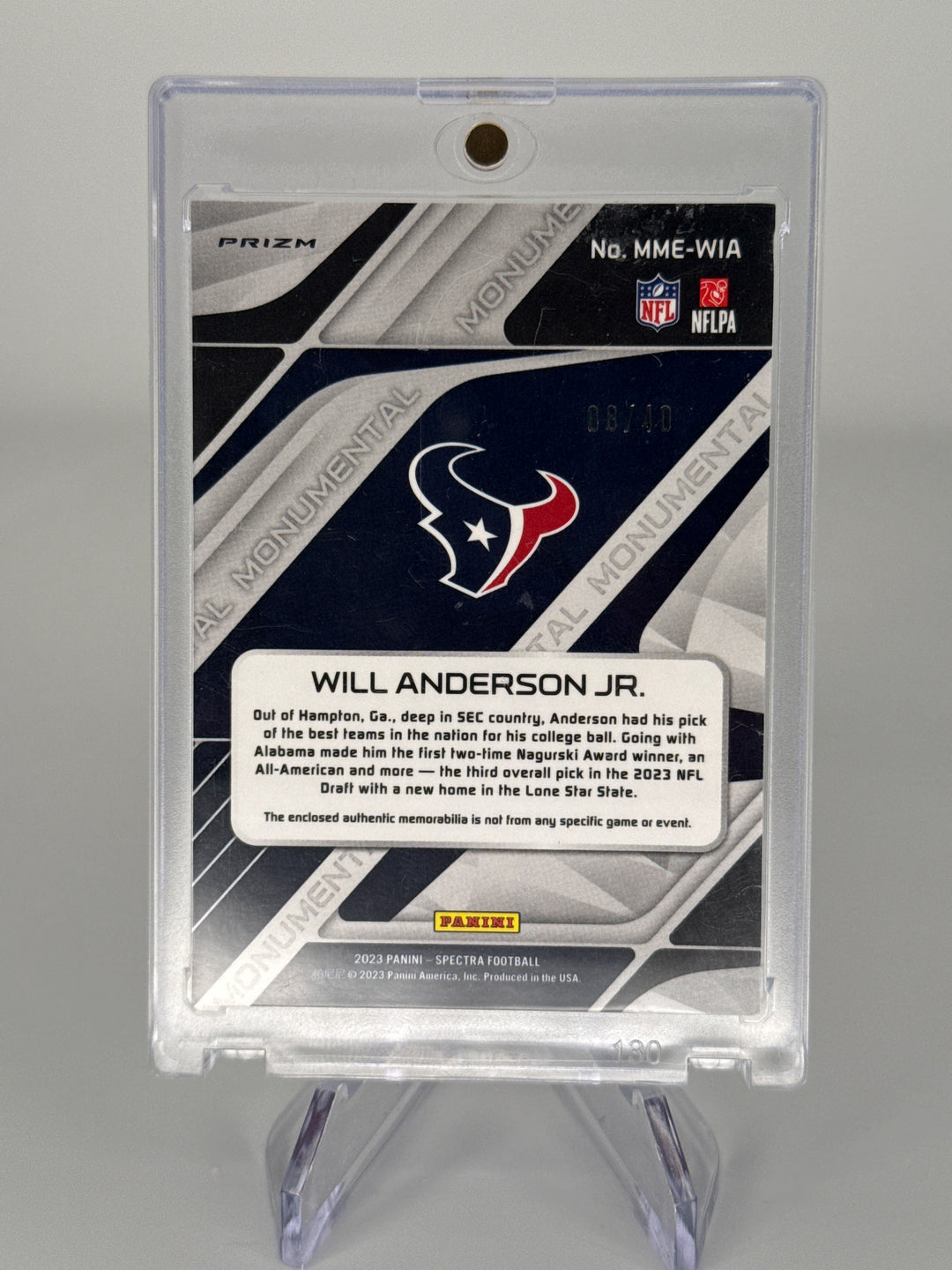 Will Anderson 2023 Panini Spectra Rookie Monumental Relic, 08/40