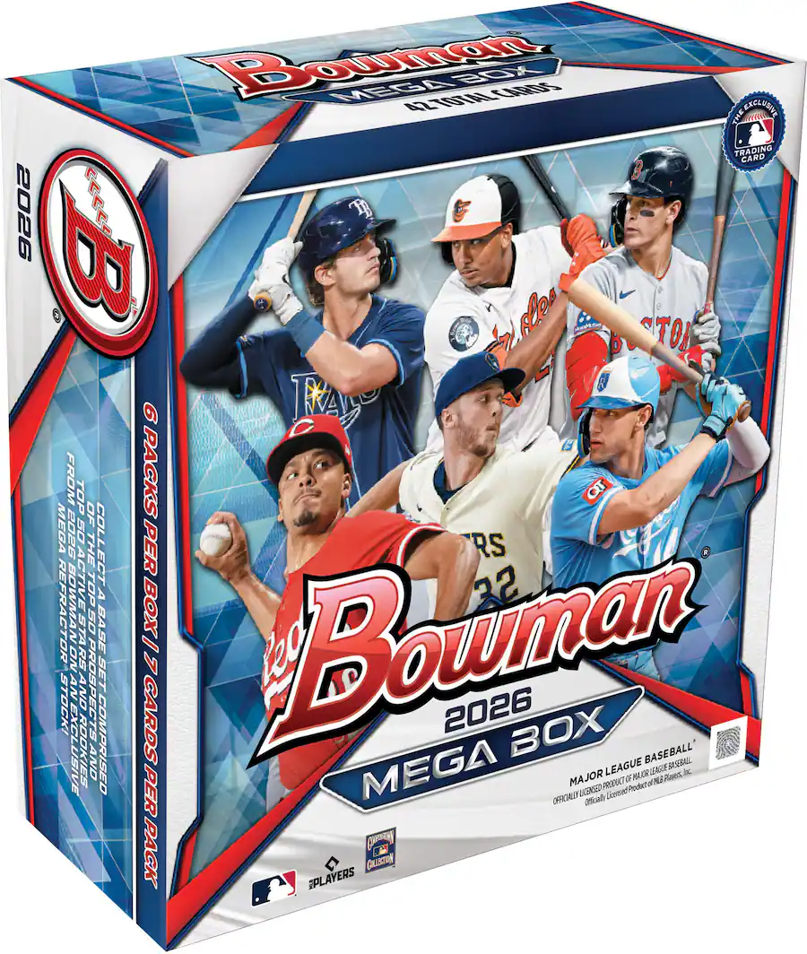 Bowman 2026 Mega Box packaging featuring baseball players and branding.