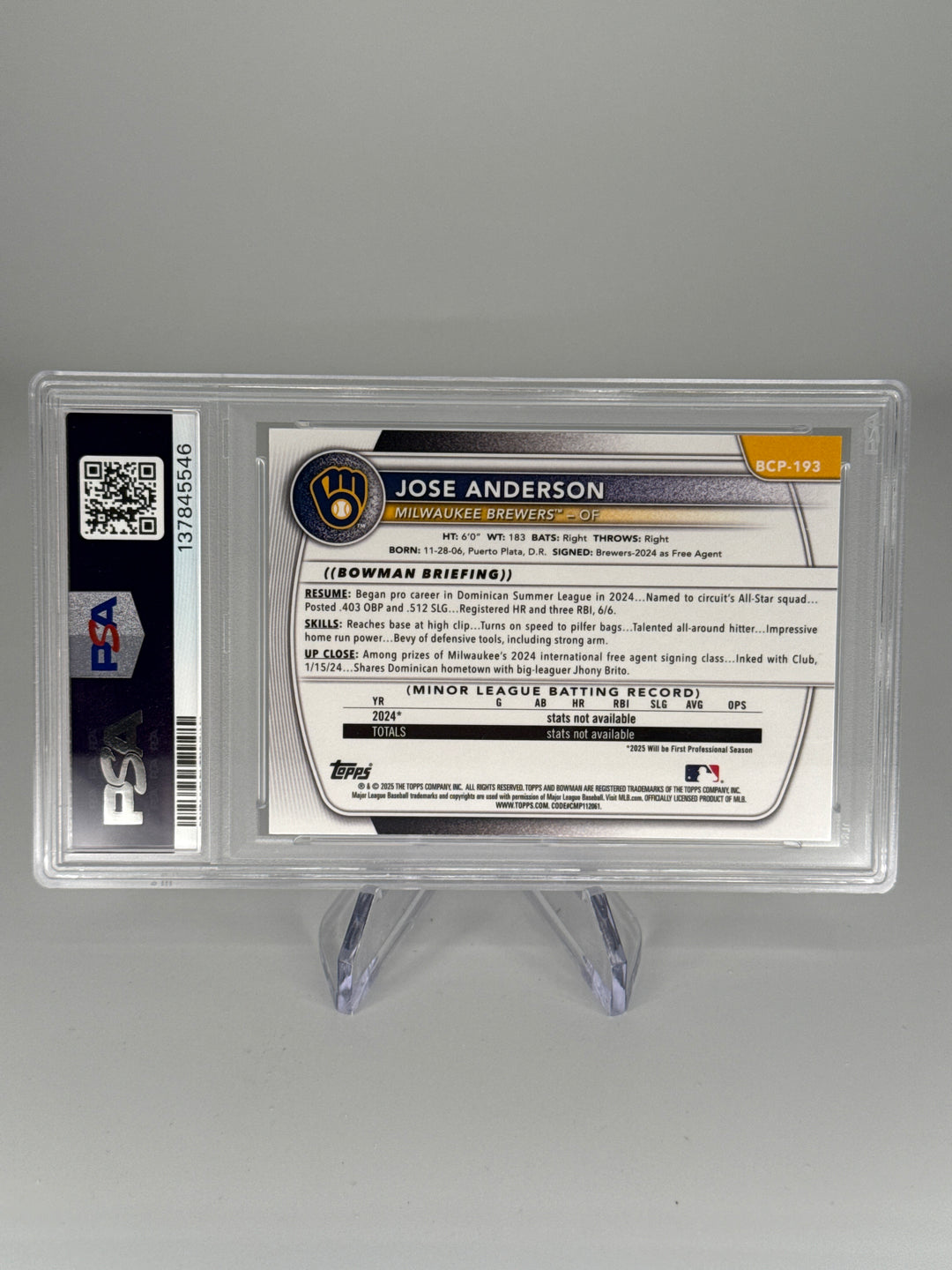 Jose Anderson 2025 Bowman Chrome Draft Purple Wave Refractor 1st, 038/250, PSA 10 Gem Mint