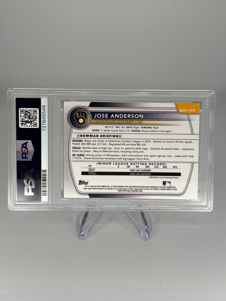 Jose Anderson 2025 Bowman Chrome Draft Purple Wave Refractor 1st, 038/250, PSA 10 Gem Mint