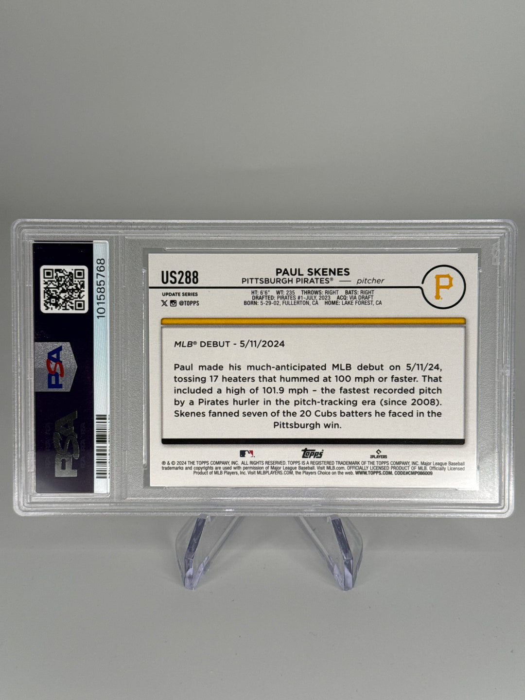 Paul Skenes 2024 Topps Update Series Rookie, PSA 10 Gem Mint