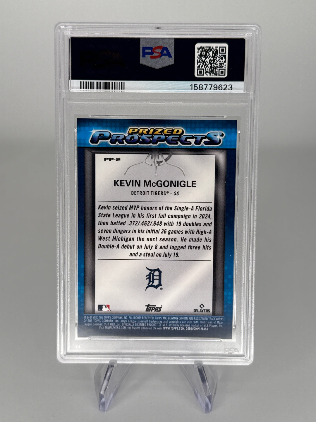 Kevin McGonigle 2025 Bowman Chrome Mega Box Prized Prospects Blue Refractor, 004/150, PSA 9 Mint