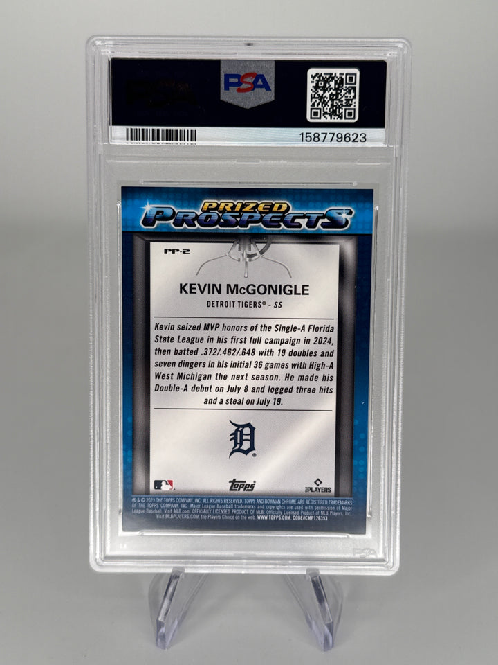 Kevin McGonigle 2025 Bowman Chrome Mega Box Prized Prospects Blue Refractor, 004/150, PSA 9 Mint