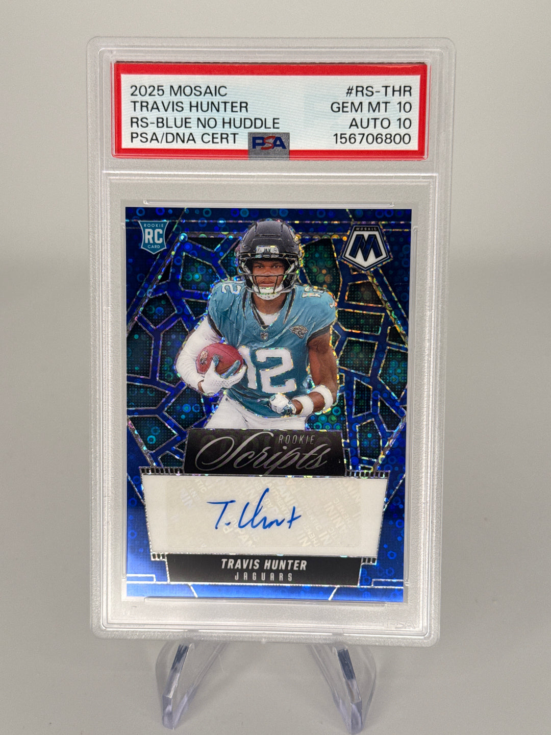 Travis Hunter 2025 Panini Mosaic Blue No Huddle Rookie Auto, PSA 10 Gem Mint, PSA 10 Auto