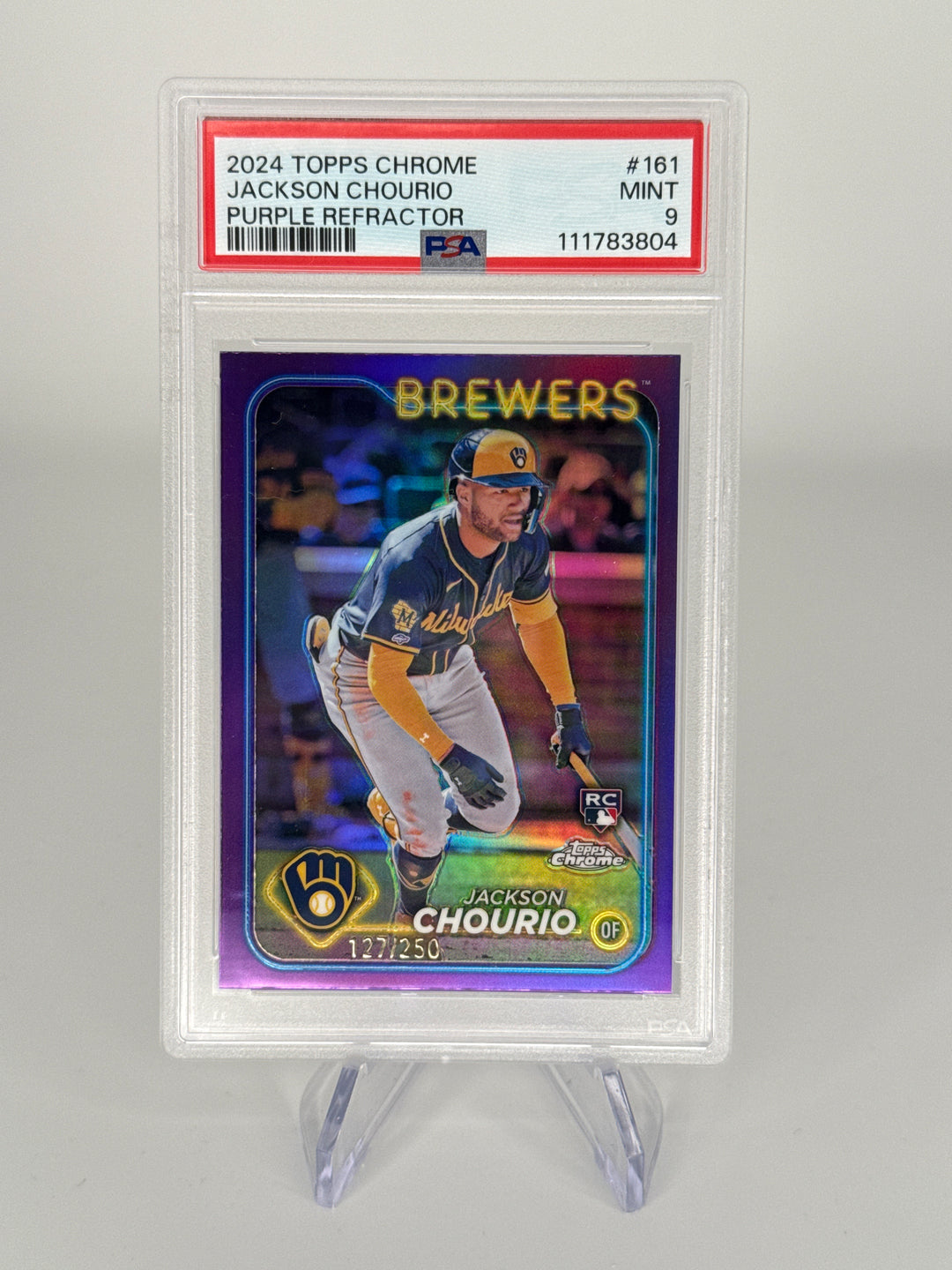 Jackson Chourio 2024 Topps Chrome Purple Refractor Rookie, 127/250, PSA 9 Mint